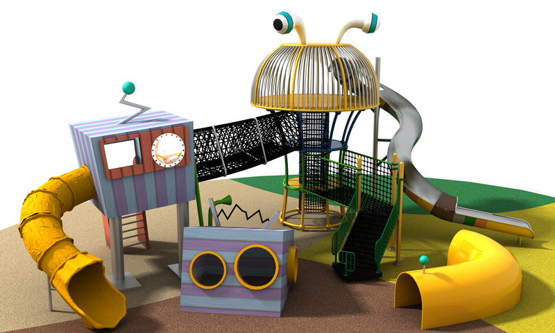 Modern Toddler Outdoor Wooden And Metal Playset with Slides, Tunnel